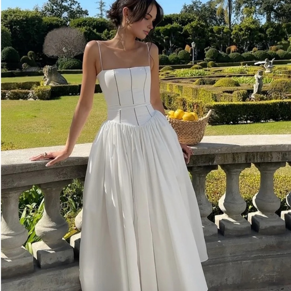 White Romantic French Flowy Spaghetti Strap Dress